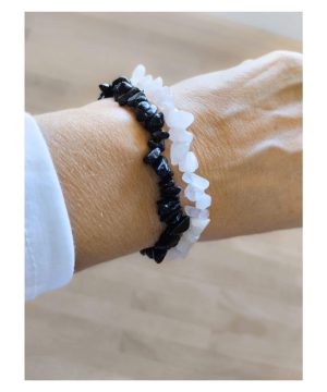 Rose-quartz & black agate chip bracelets set