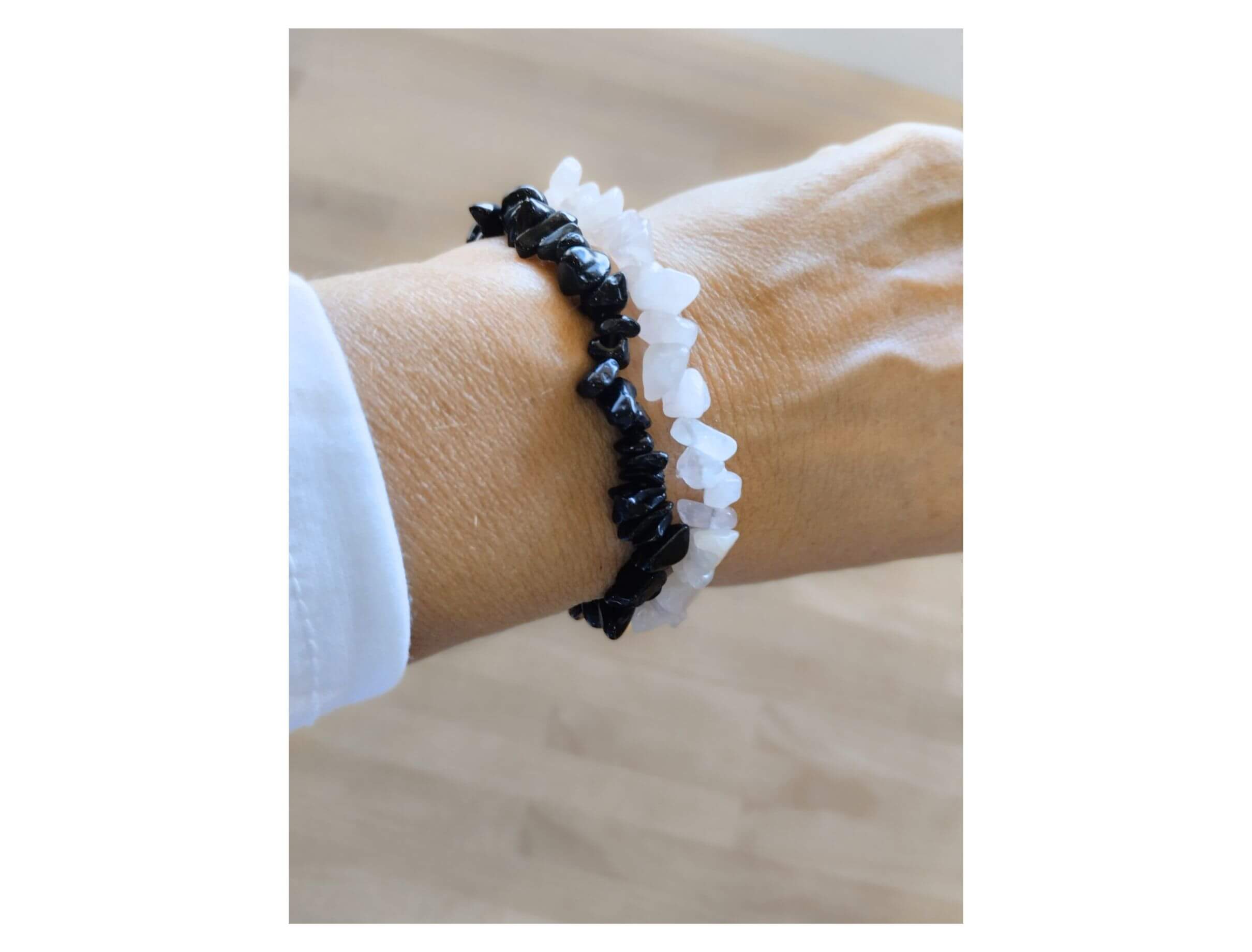 Rose-quartz & black agate chip bracelets set